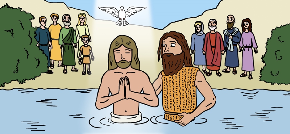The baptism of Jesus: The heavens opened and the Holy Spirit descended